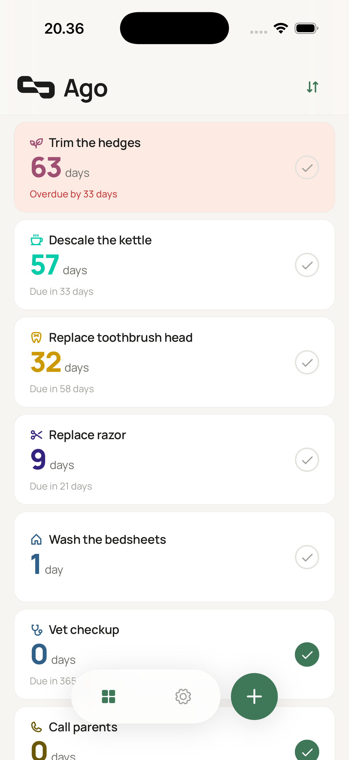 Ago home screen showing elapsed time for tracked items