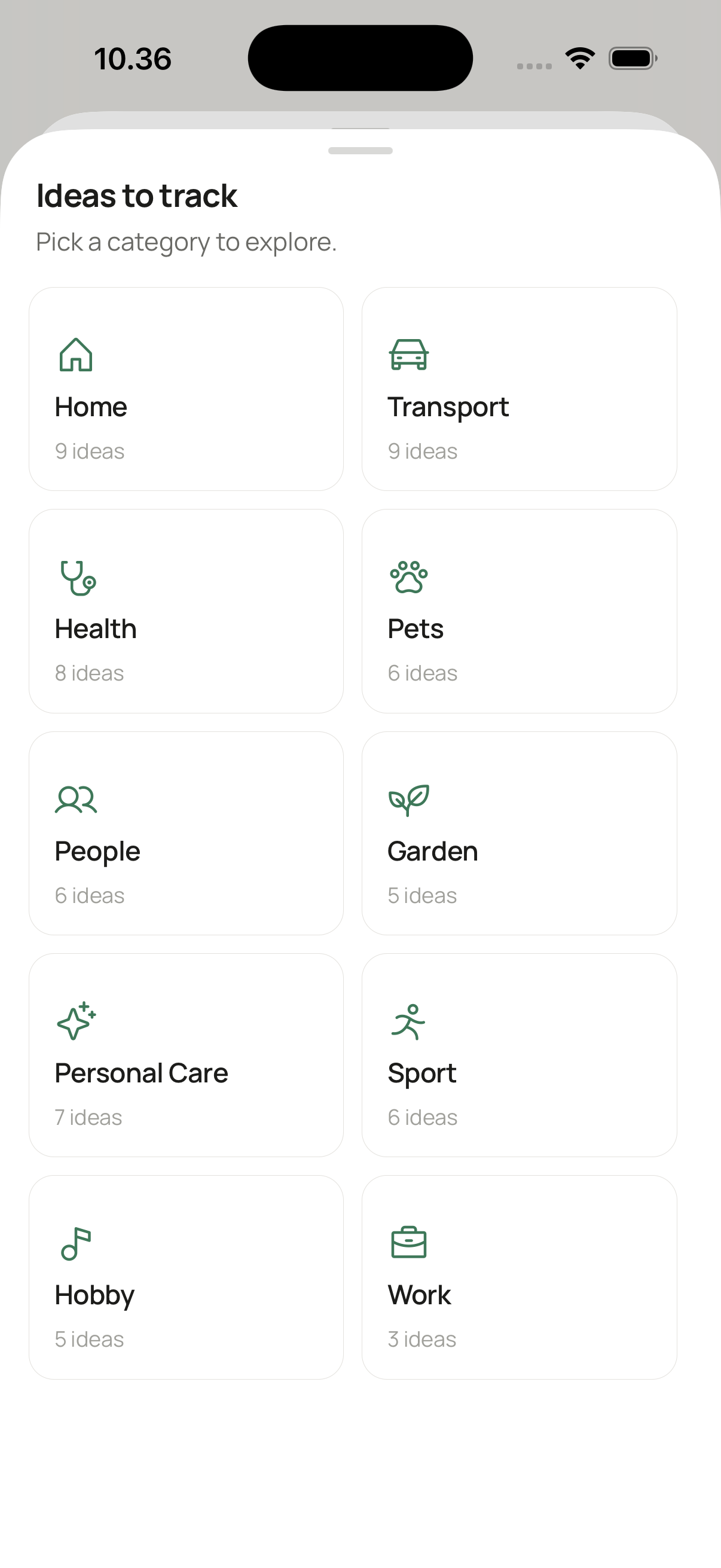 Ago ideas browser showing categories to track