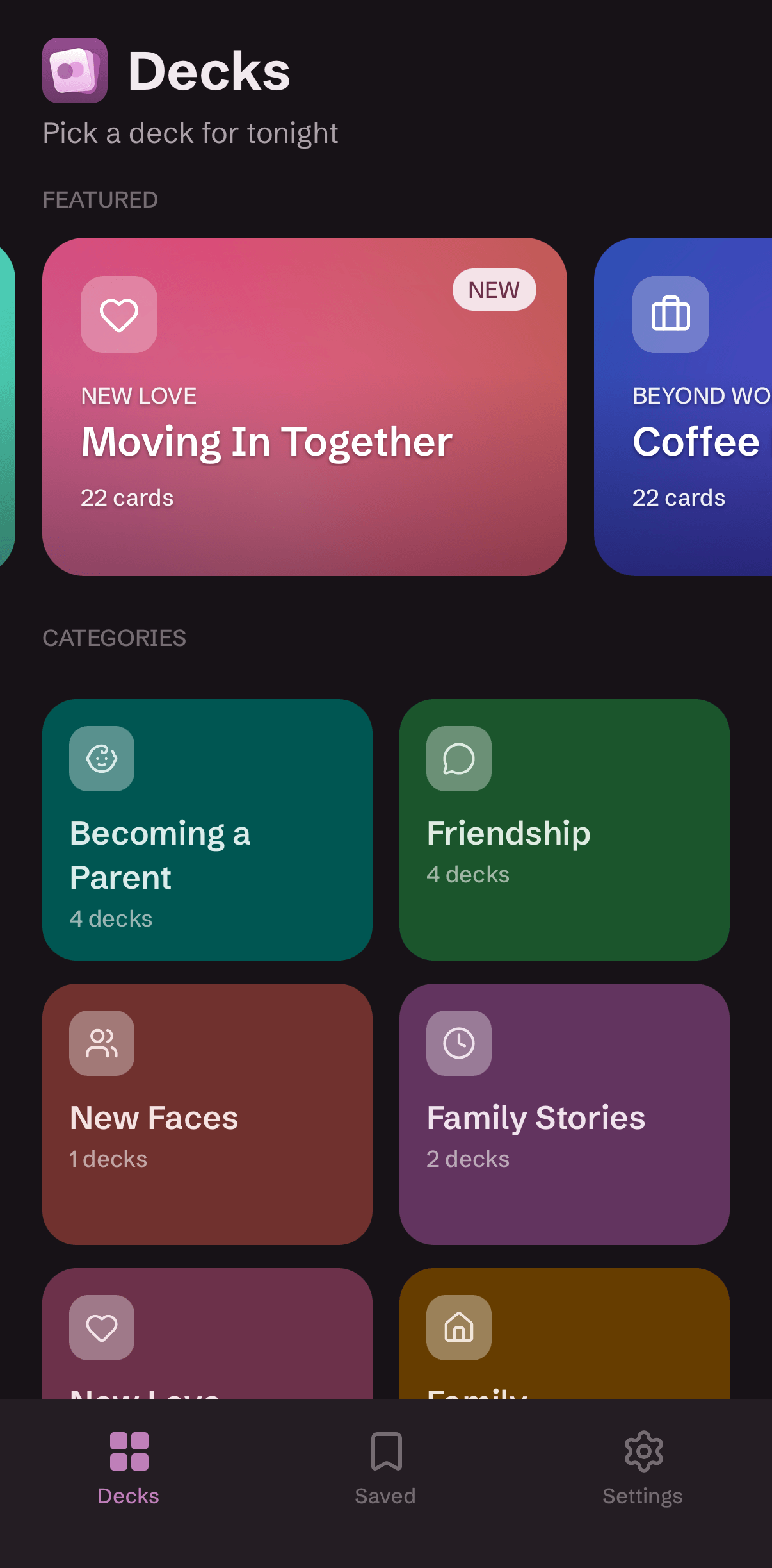 Uncover home screen showing featured decks and categories